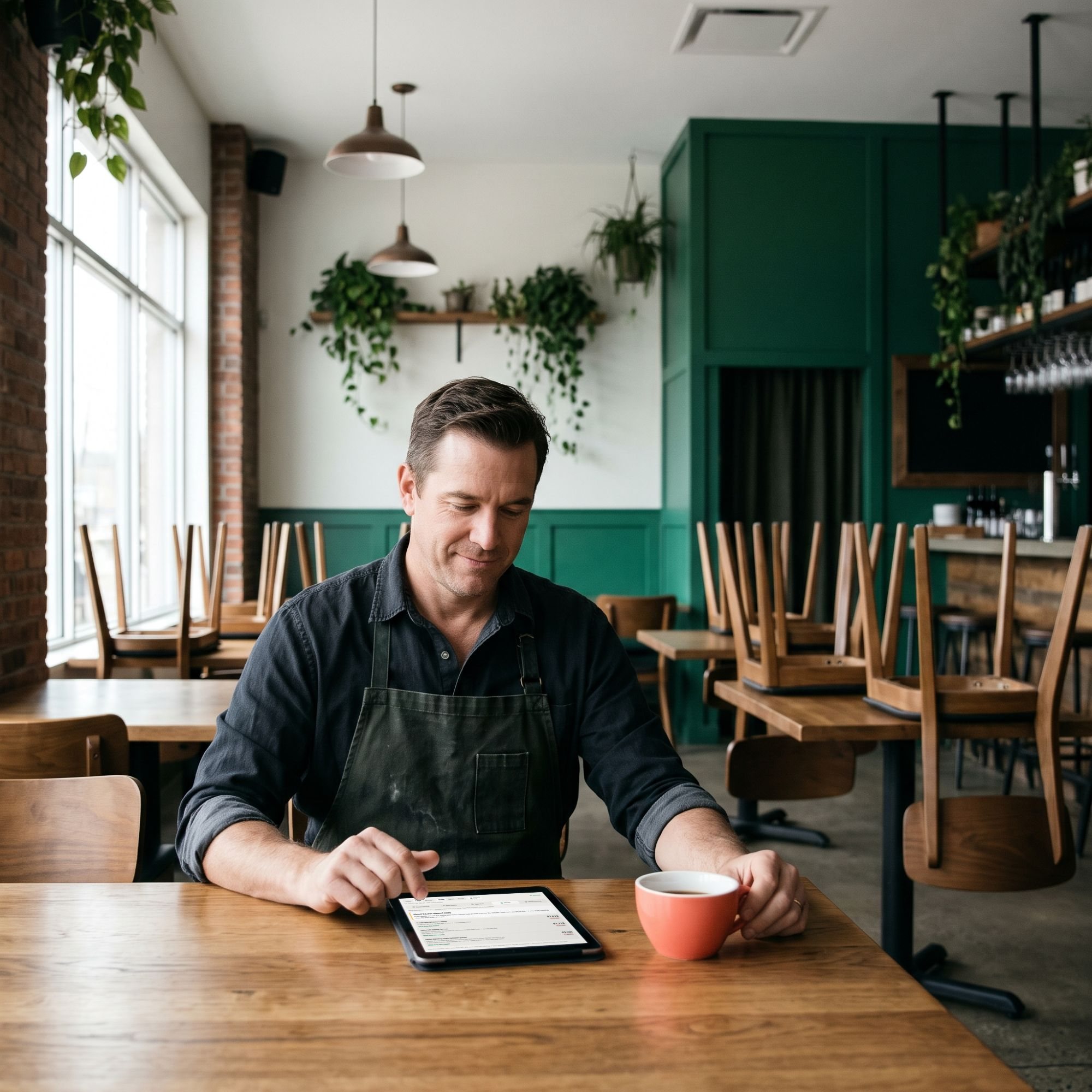 An owner with a coffee in his empty dining room on a Monday morning, reading Mesa on an iPad.