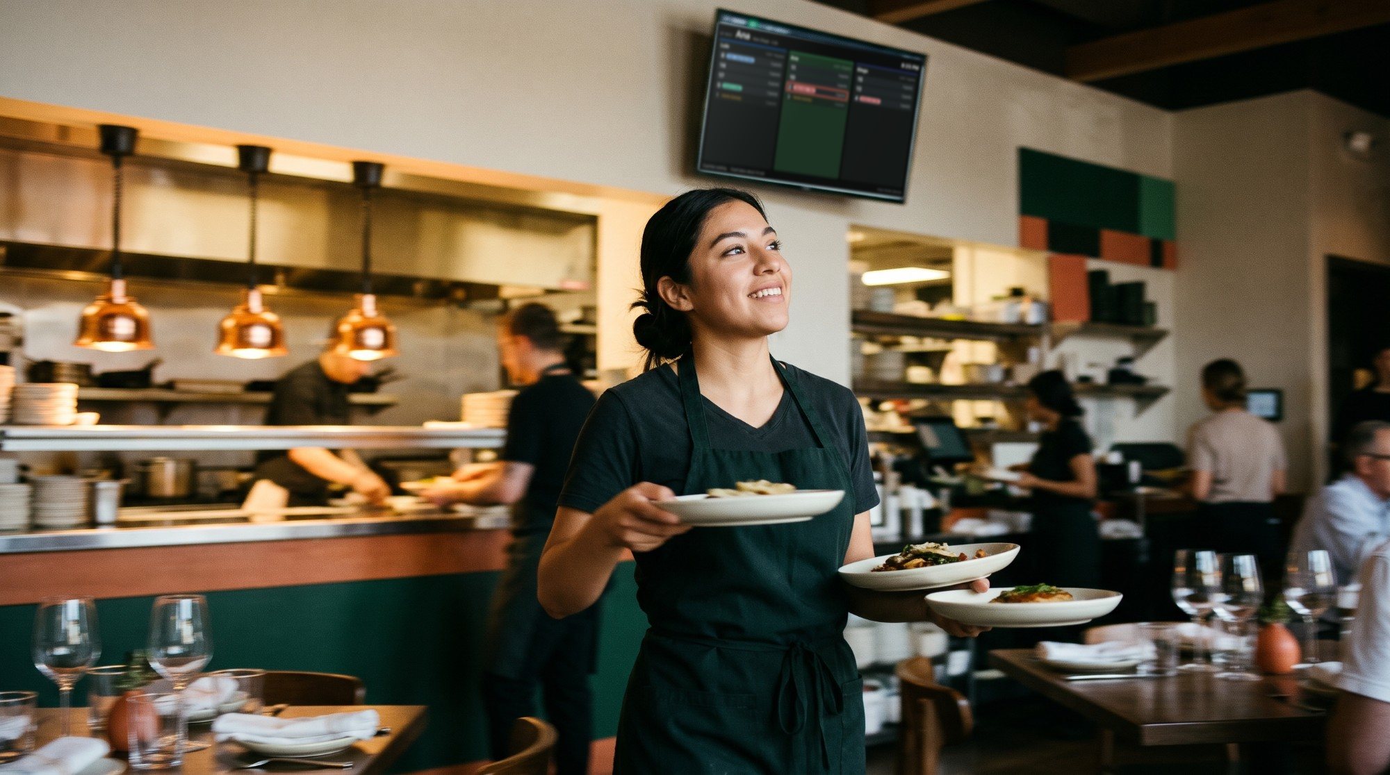 A server smiles on her way from the kitchen pass; Mesa's team screen hangs on the wall behind her.